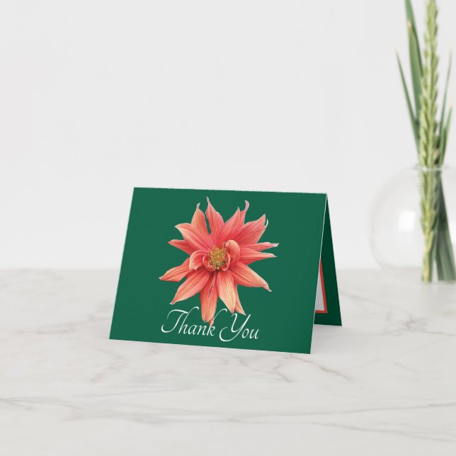 Spectacular Orange Dahlia Green Elegant Thank You Card (Front)