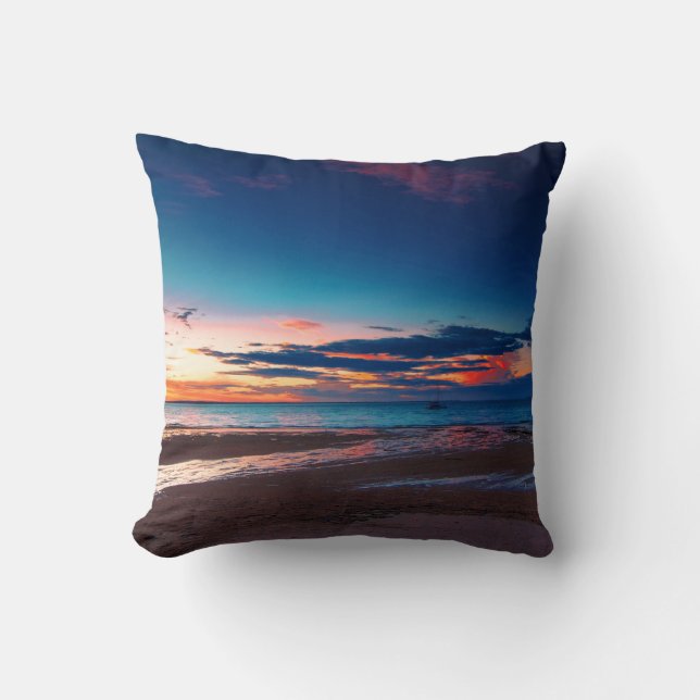 Spectacular Tropical Ocean Beach Sunset Throw Pillow (Front)