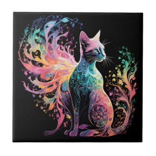 Spectral Holographical Cat: A Prism of Elegance Ceramic Tile
