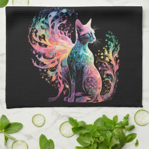 Spectral Holographical Cat: A Prism of Elegance Kitchen Towel