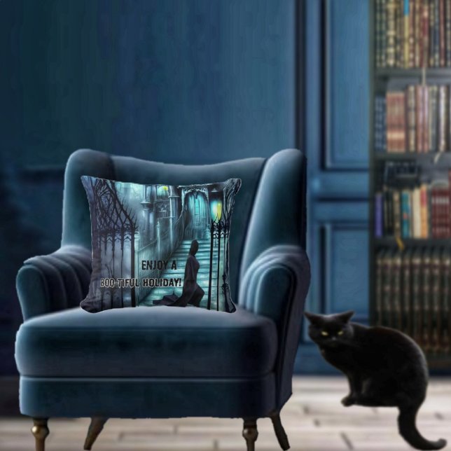 Spectre On The Steps Throw Pillow (Add the spooky props, for a fabulously, Gothic home decor!)