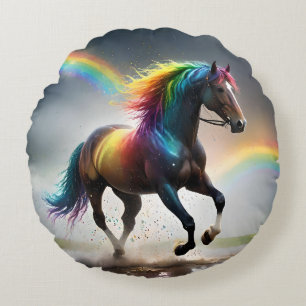 Spectrum of Grace: Rainbow Horse Beneath Rainbows Round Pillow