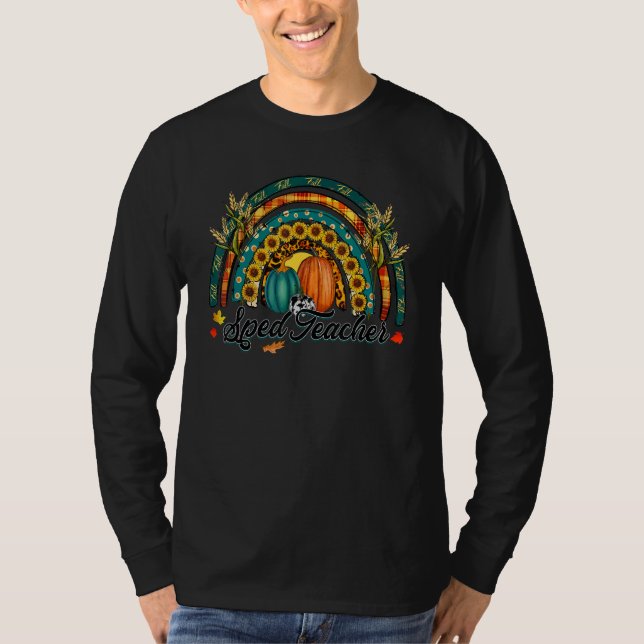 Sped teacher Hello Fall Rainbow Pumpkin Leopard T-Shirt (Front)