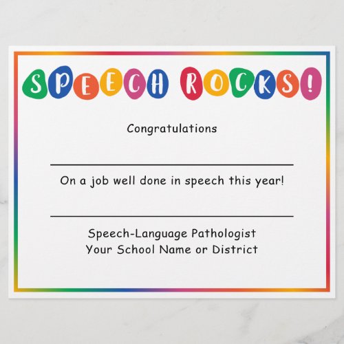 Speech Rocks End of School Year Certificate