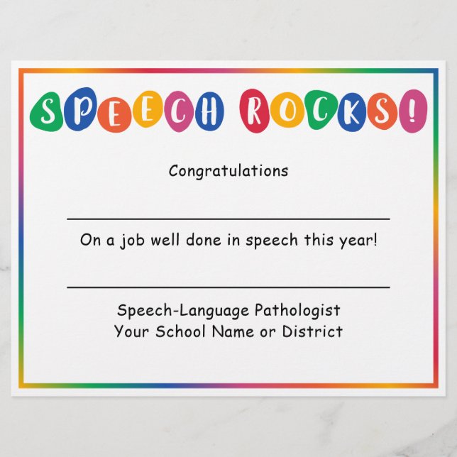 Speech Rocks End of School Year Certificate (Front)