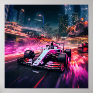 Speed and Action: Red F1 Car Racing Through Curves Poster
