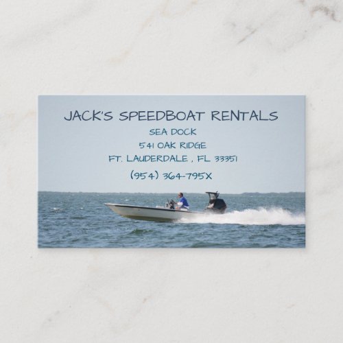 Speed boat on the open ocean  boat rentals  business card