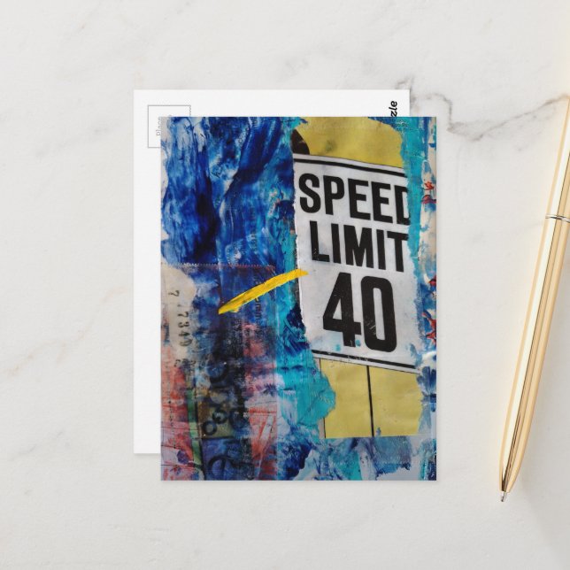 Speed Limit 40 mixed media collage Postcard (Front/Back In Situ)
