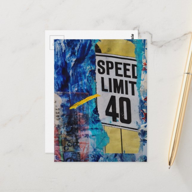 Speed Limit is mixed media collage Postcard (Front/Back In Situ)