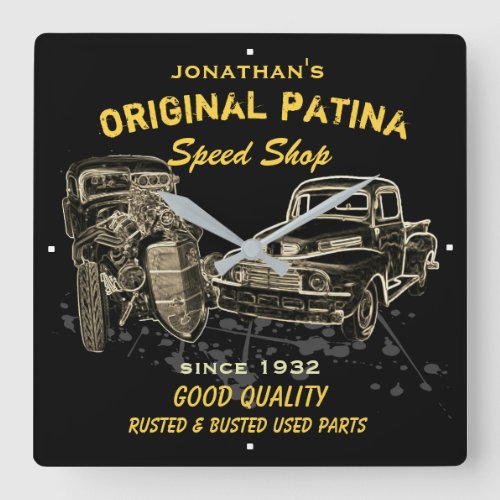 Speed Shop Any Name Original Patina Garage Funny Square Wall Clock