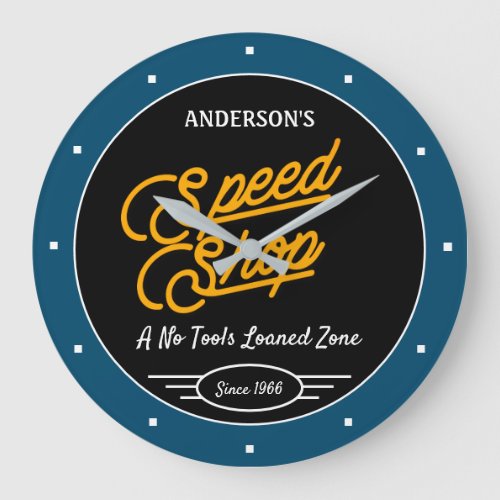 Speed Shop Any Name Retro Date Grey Blue Black  Large Clock