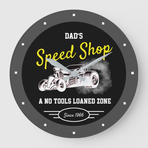 Speed Shop Dads Any Name Hotrod Smoking Tires Large Clock
