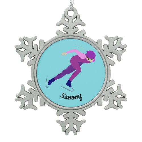 Speed Skating Snowflake Pewter Christmas Ornament