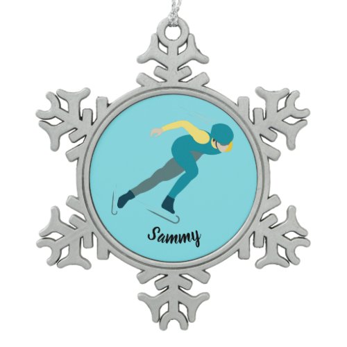 Speed Skating Snowflake Pewter Christmas Ornament