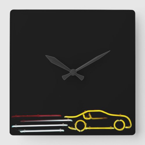 Speeding Race Car Neon Sign Square Wall Clock