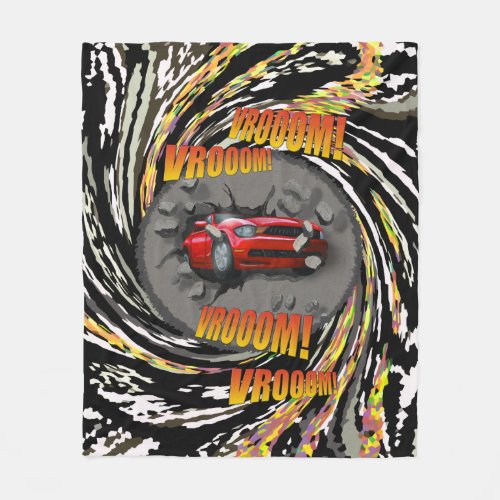 Speeding Red Sports Car Crashing through Wall Fleece Blanket