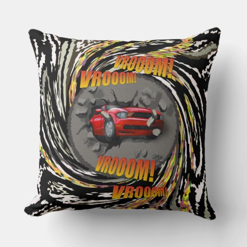 Speeding Red Sports Car Crashing through Wall Throw Pillow