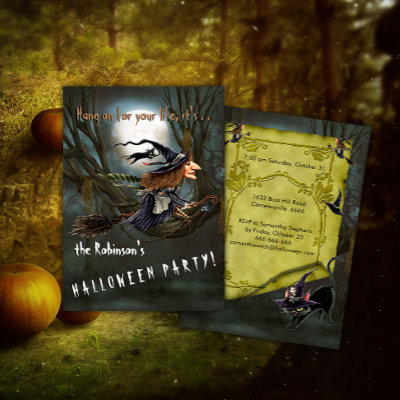 Speeding Witch on Broomstick Halloween Invitation