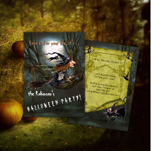 Speeding Witch on Broomstick Halloween Invitation