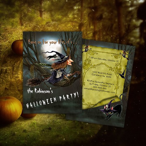Speeding Witch on Broomstick Halloween Invitation