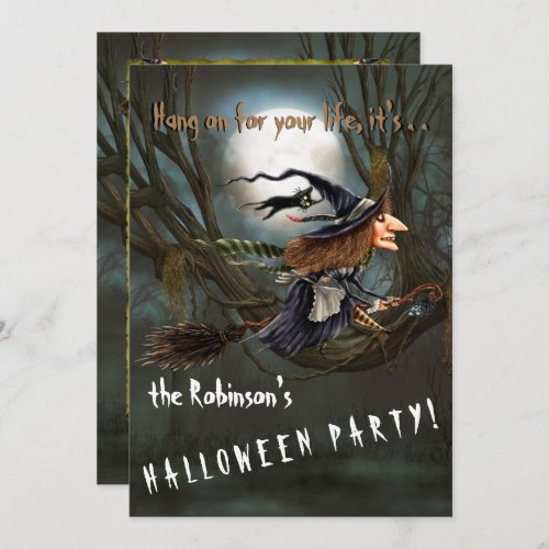Speeding Witch on Broomstick Halloween Invitation