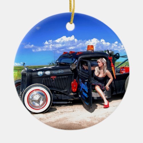 Speeds Towing Rat Rod Truck Pin Up Girl Ceramic Ornament