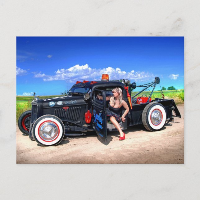 Speeds Towing Rat Rod Truck Pin Up Girl Postcard (Front)