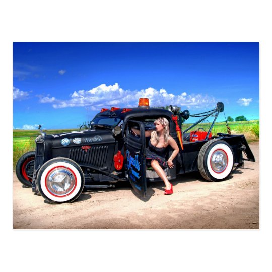 Speeds Towing Rat Rod Truck Pin Up Girl Postcard | Zazzle.com