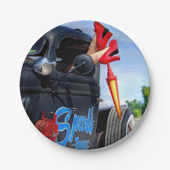 Speeds Towing Rat Rod Truck Rockabilly Betty Pinup Paper Plates (Front)