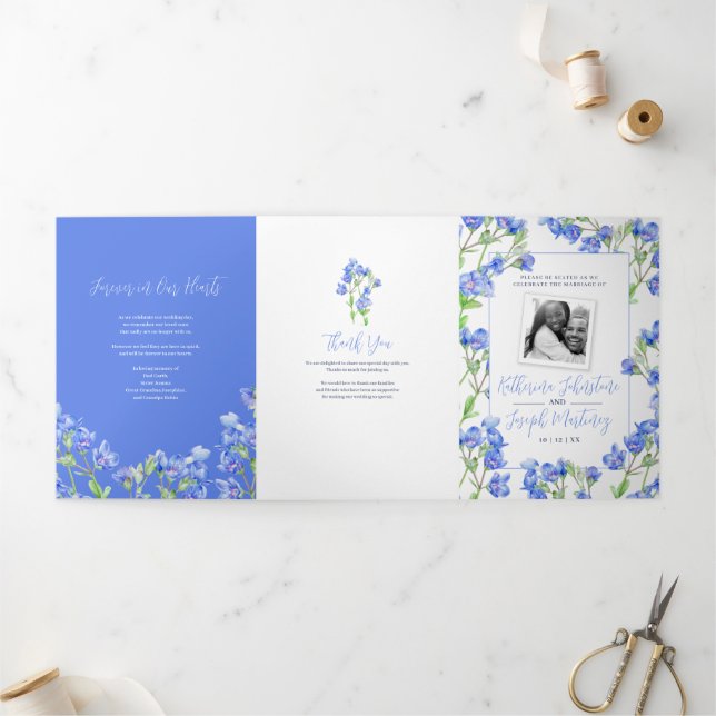 Speedwell blue watercolor botanical flower wedding Tri-Fold program (Outside)