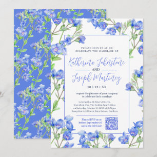 Speedwell blue watercolor flower QR RSVP wedding Invitation