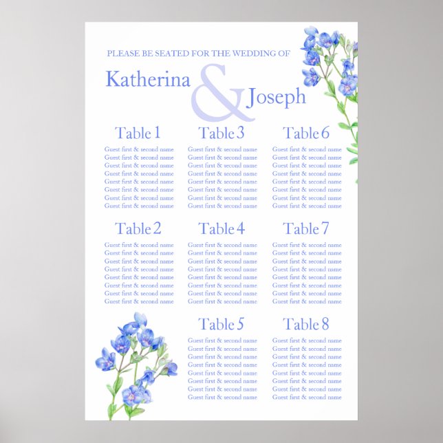 Speedwell blue Wedding Seating Table Planner 1-8 Poster (Front)