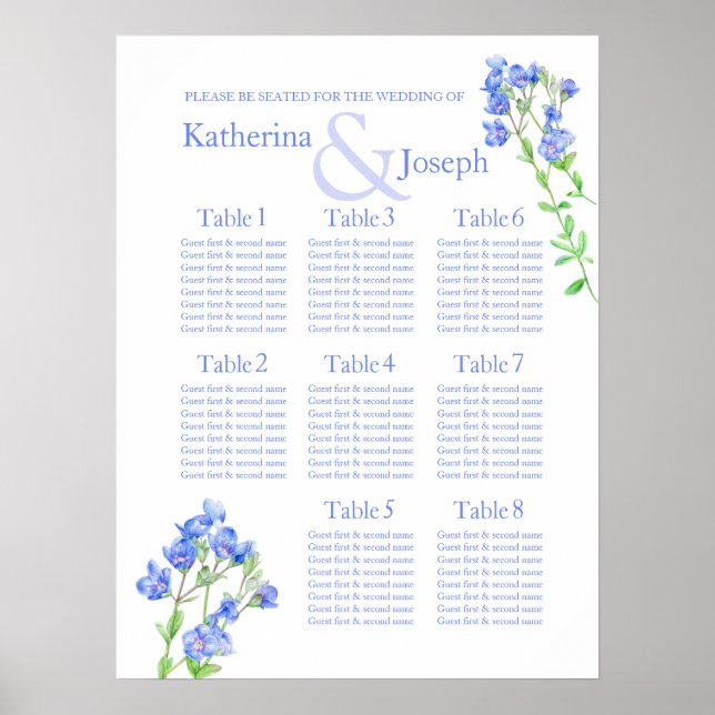 Speedwell blue Wedding Seating Table Planner 1-8 Poster (Front)