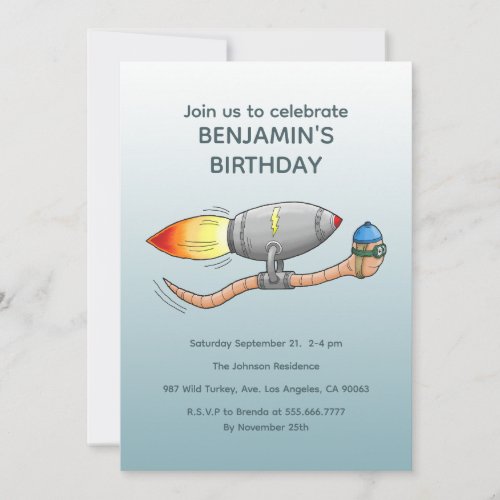 Speedy Rocket Worm Birthday Invitation