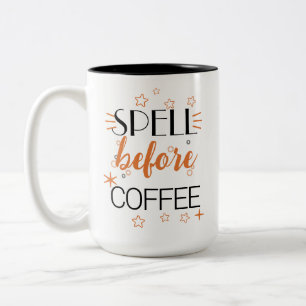 Spell Before Coffee Funny Witchy Brew Stars & Bean Two-Tone Coffee Mug