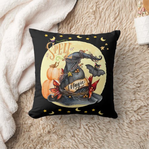 Spell Magical Witches Hat Black Throw Pillow
