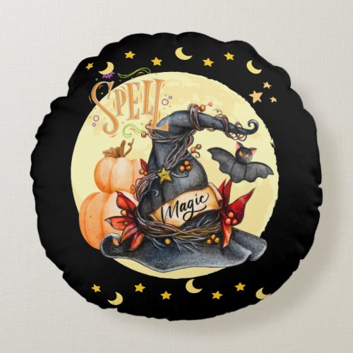 Spell Magical Witches Hat halloween Black Round Pillow