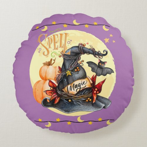 Spell Magical Witches Hat halloween Decor  Round Pillow