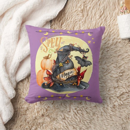 Spell Magical Witches Hat Halloween Throw Pillow
