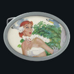 Spell of the Islands Belt Buckle<br><div class="desc">Artist:Joe DeMers | Woman in white swimsuit being chased by a man and birds</div>
