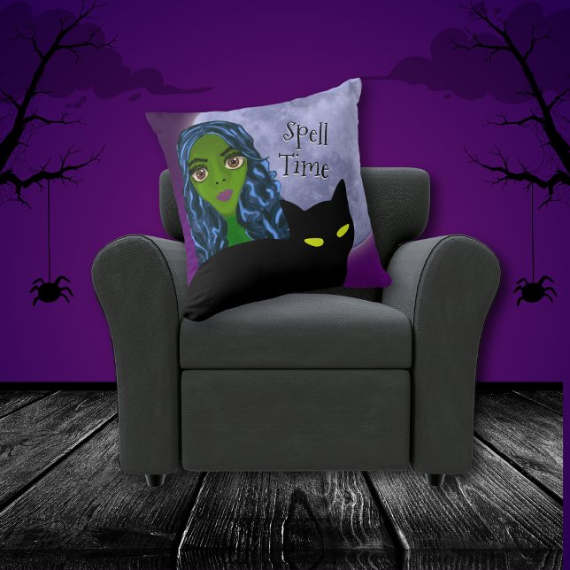 Spell Time Green Witch Black Cat Blue Full Moon Throw Pillow (Creator Uploaded)