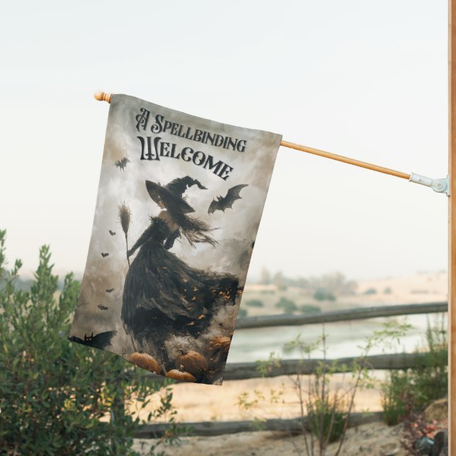 Spellbound Arrival: Halloween Witch Welcome House Flag (Insitu (Back))