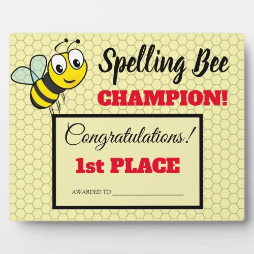 Spelling Bee Award First Place Champion School Plaque