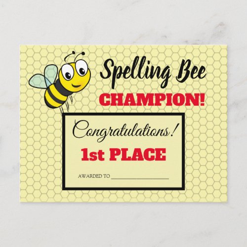 Spelling Bee Award First Place Champion School Postcard