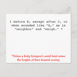 Spelling Rules: I before E Postcard