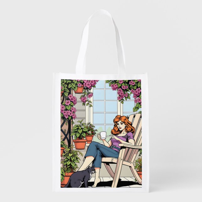 Spending Time with my Cat, Coffee and Plants Grocery Bag (Front)