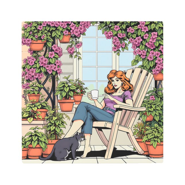 Spending Time with my Cat, Coffee and Plants Metal Print (Front)