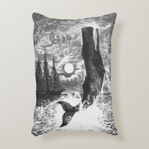 Sperm Whale Breaching, Vintage Marine Life Animals Accent Pillow