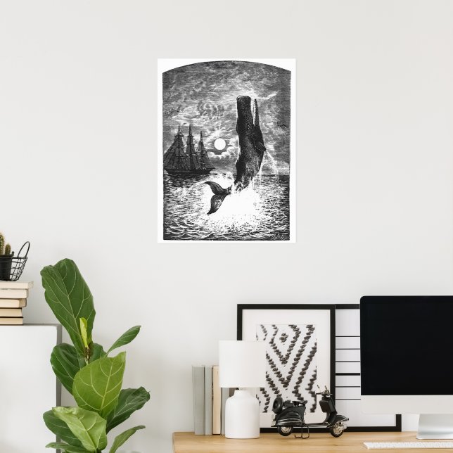 Sperm Whale Breaching, Vintage Marine Life Animals Poster (Home Office)