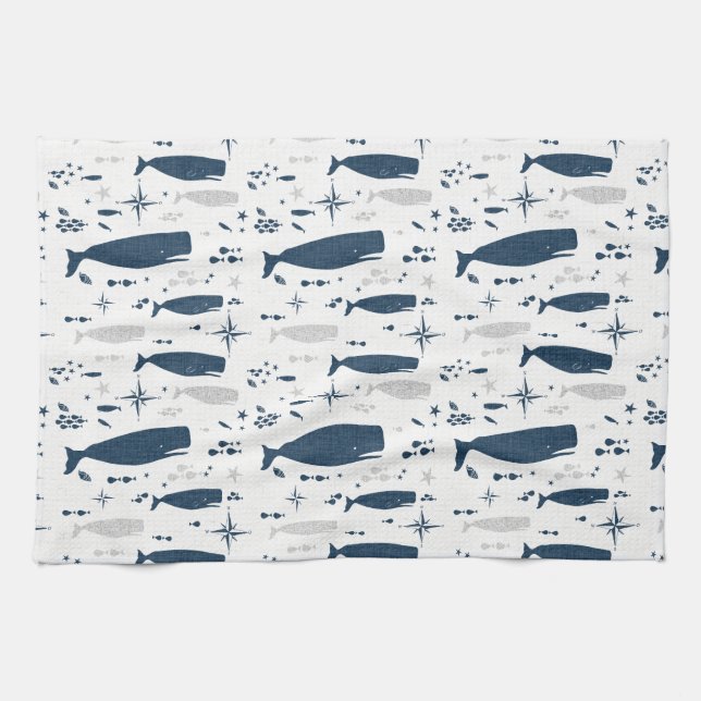SPERM WHALE WHITE BLUE WITH TEXTURE KITCHEN TOWEL (Horizontal)